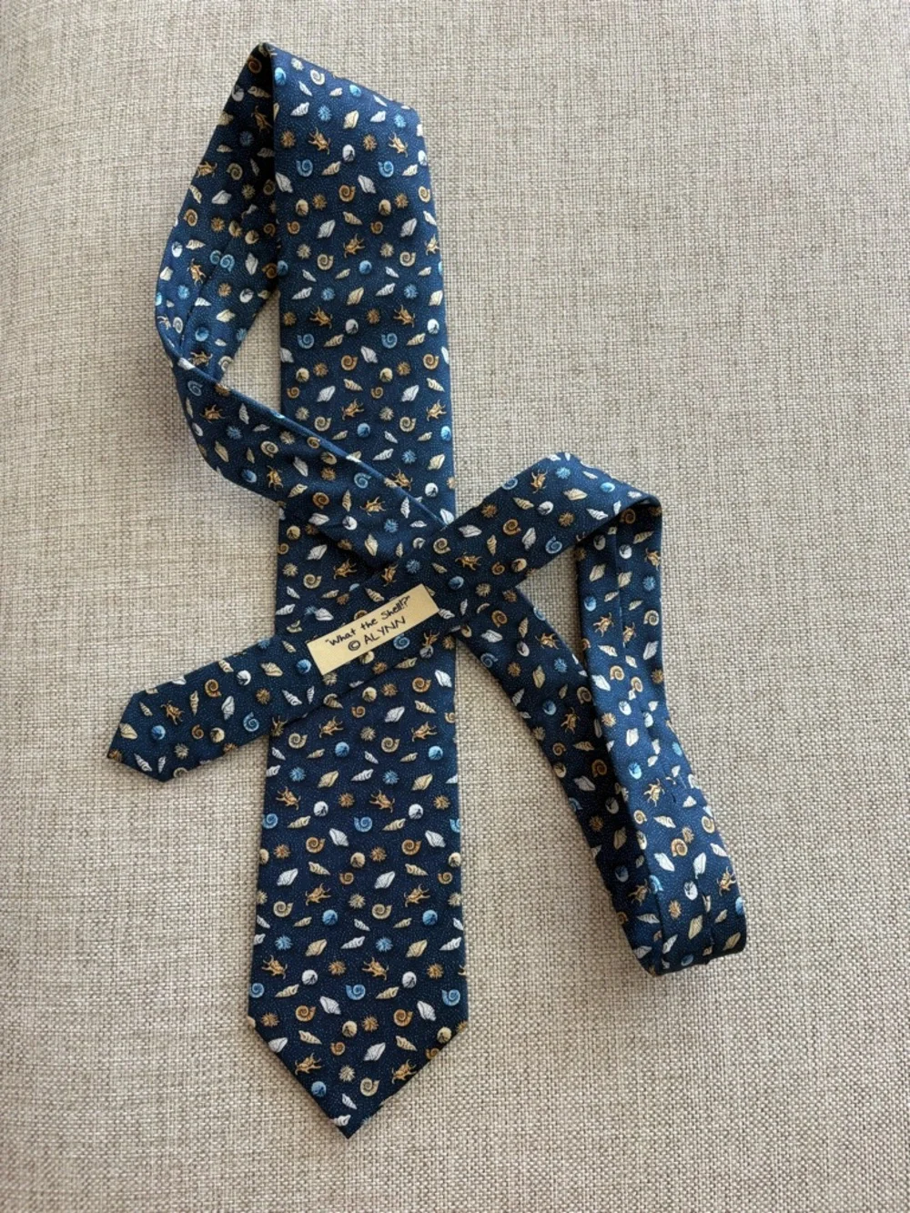 Alynn “What the Shell?!” Silk Tie Navy Seashell Crab Novelty Print